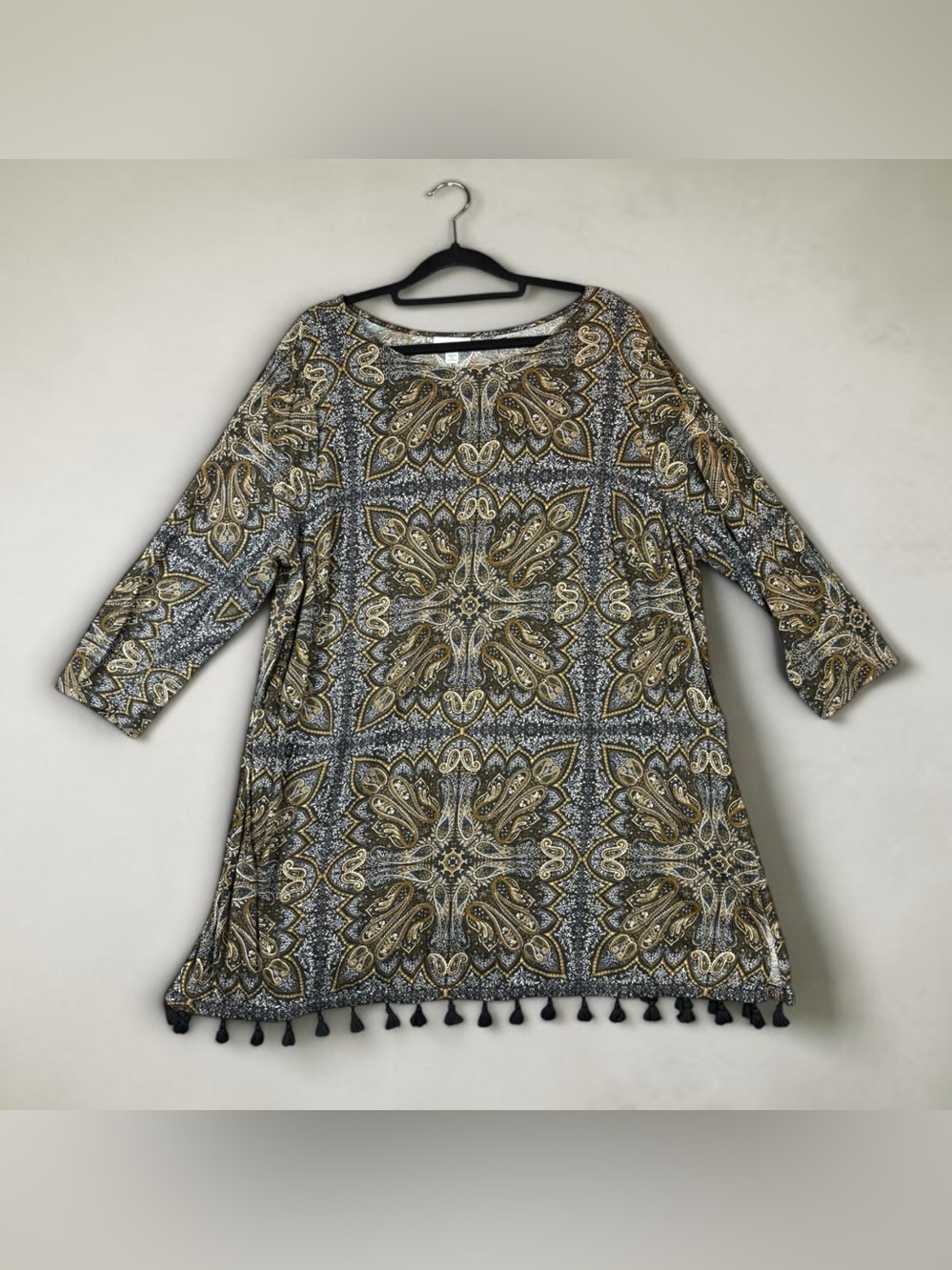 J.Jill Boho Tassel-Hem Printed Tunic Top - Gray & Gold 2X